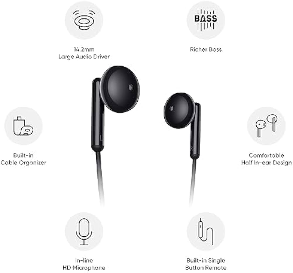 Original Type C Wired Earphones Compatible for Realme Buds Classic, Half in-Ear USB-C Headset for Office Use (Black) D593W