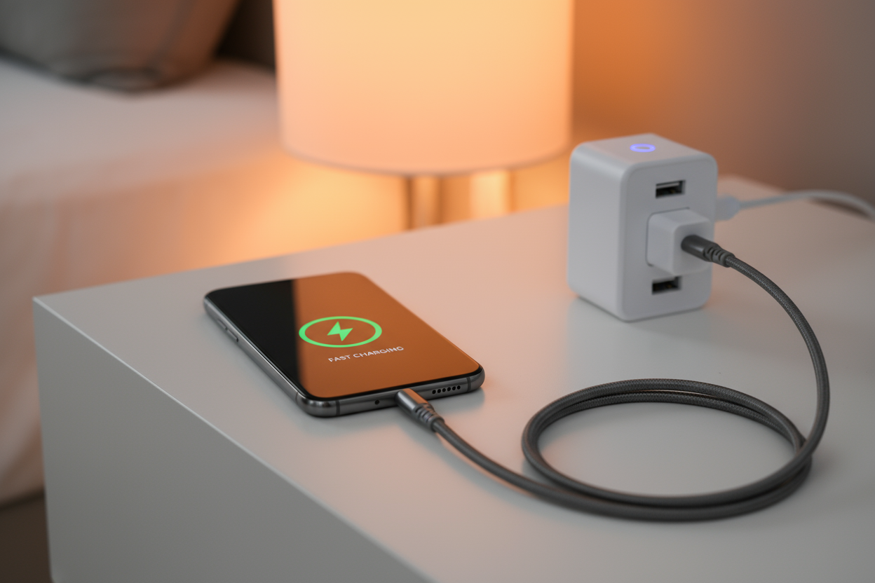 "Charging Power"

Concept: Fast charging, reliable power.

Visual: A smartphone with a charging icon on its screen, connected to a sleek, braided charging cable and a fast-charging wall adapter.

Background: Minimalist bedside table or a clean white surface, soft ambient glow.