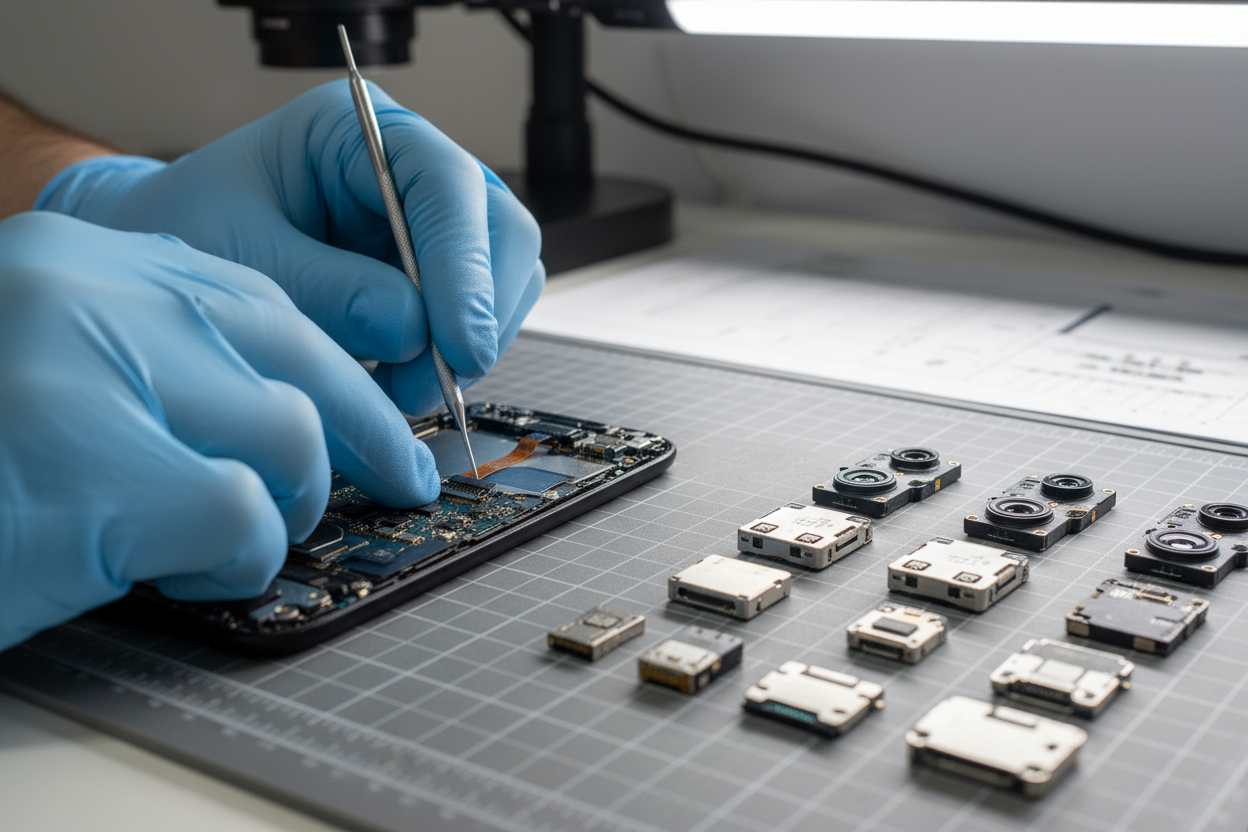 "Mastering the Repair" (Spare Parts Focus)

Image Description: A professional's hands (wearing clean, nitrile gloves) are delicately working on an open smartphone, holding a tiny, specialized tool. A collection of diverse, high-quality spare parts (e.g., camera modules, charging ports, logic board components) are neatly laid out on an anti-static mat next to the phone.

Text Overlay (positioned on the right/center-right or below the action):

Headline: "Precision Parts for Perfect Repairs."

Sub-headline: "