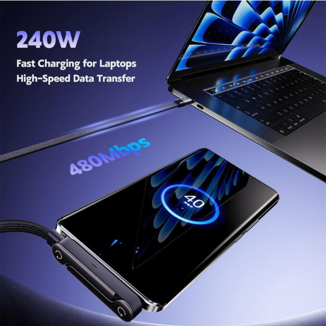 USB C to USB C 240W Fast Charging Cable 1.5M with Foldable Invisible Phone Stand, Type C to Type C PD Quick Charge Cord, Multi-Angle Adjustable Desk Holder Charger for Phone, Laptop & Car use